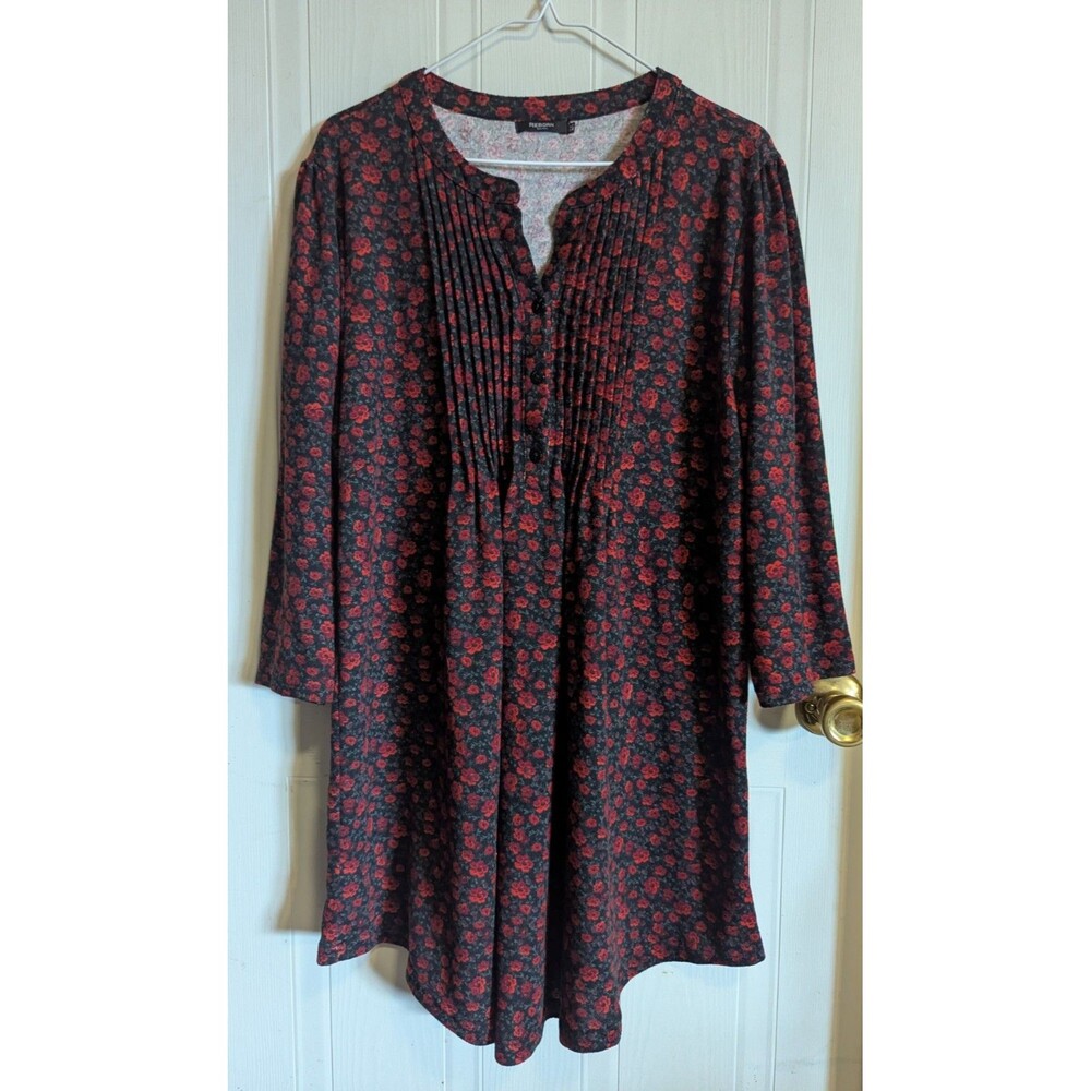 Reborn Black Red Floral Henley Button Tunic Blouse Women's Plus 2X 3/4 Sleeve